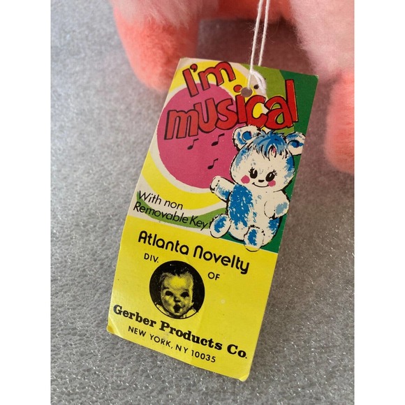 Vintage Gerber Atlanta Stuffed Animal Plush Wind up Musical Pink Dog Works w Tag - Picture 7 of 7
